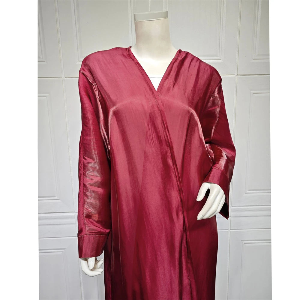 Shiny Satin Morocco Kimono Abaya Dress for Muslim Women Caftan