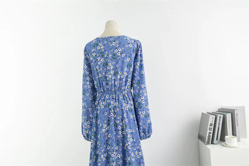 Chiffon Floral Printed Crinkling O-neck Long Sleeve Maxi Dress