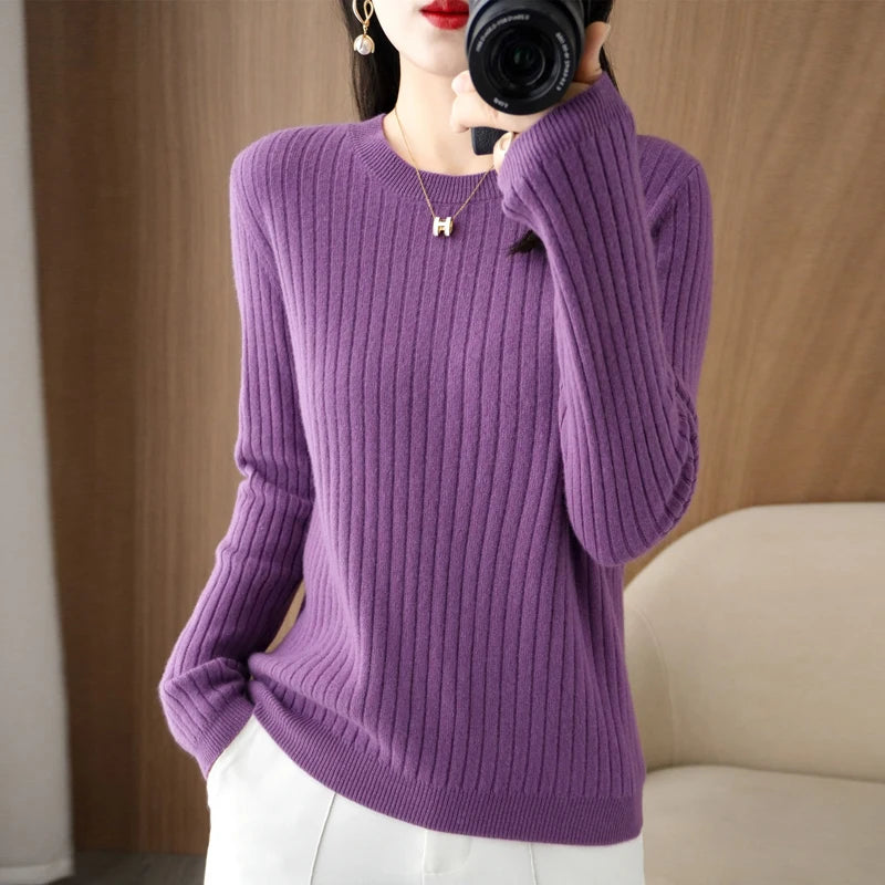 Women Long Sleeve Pullovers O-neck Stripe Sweaters