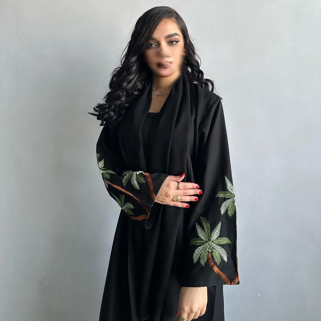 Black Casual Open Kimono Abaya Embroidery Long Sleeve