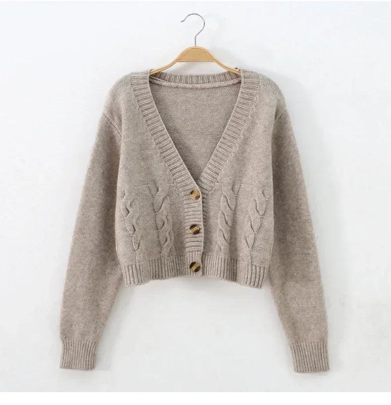 V Neck Cropped Long Sleeve Twist Knitted Sweater