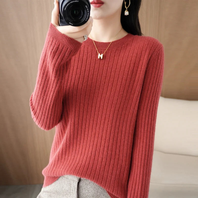 Women Long Sleeve Pullovers O-neck Stripe Sweaters