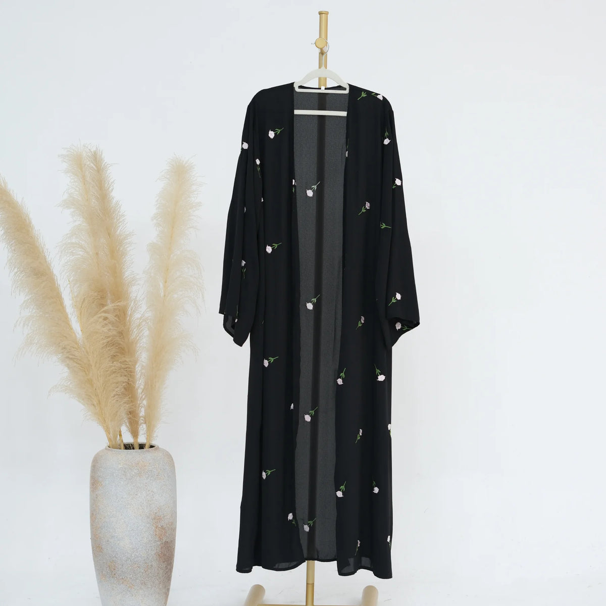 Black Embroidery Kimono Cardigan Abaya