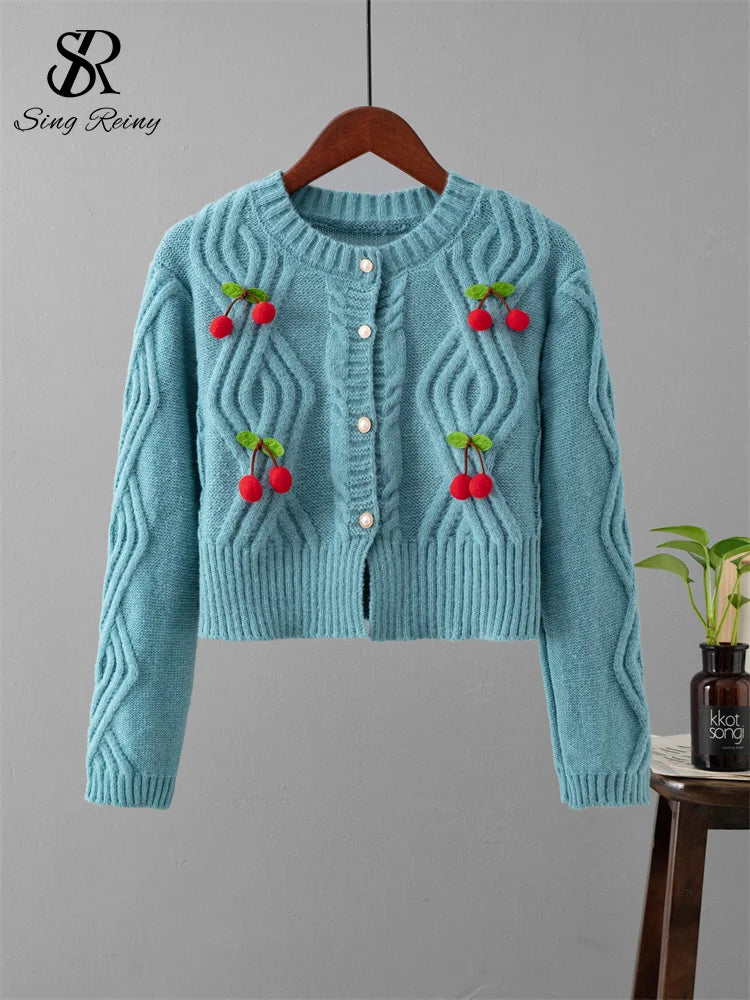 3D Cherry O-Neck Long Sleeves Pearl Button Knitwear Sweater