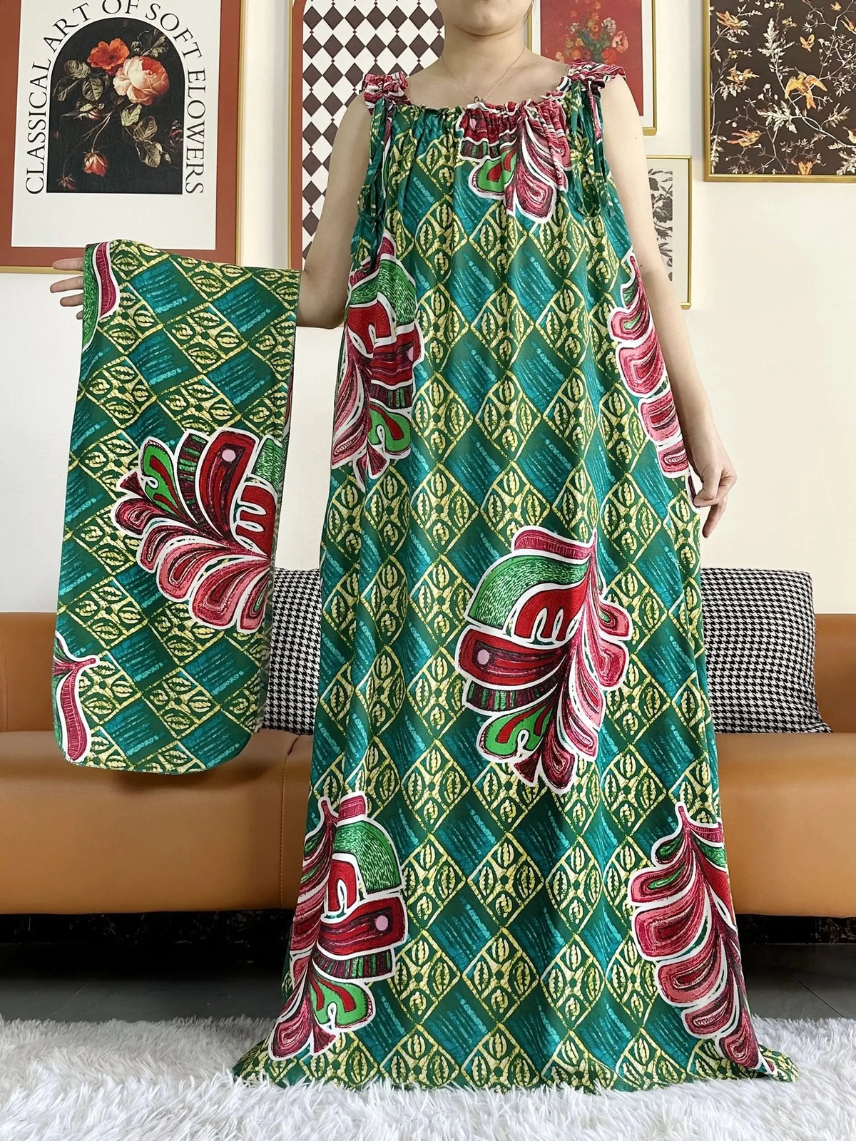 Sleeveless Everyday African Dashiki Cotton Abaya Dress with Scarf