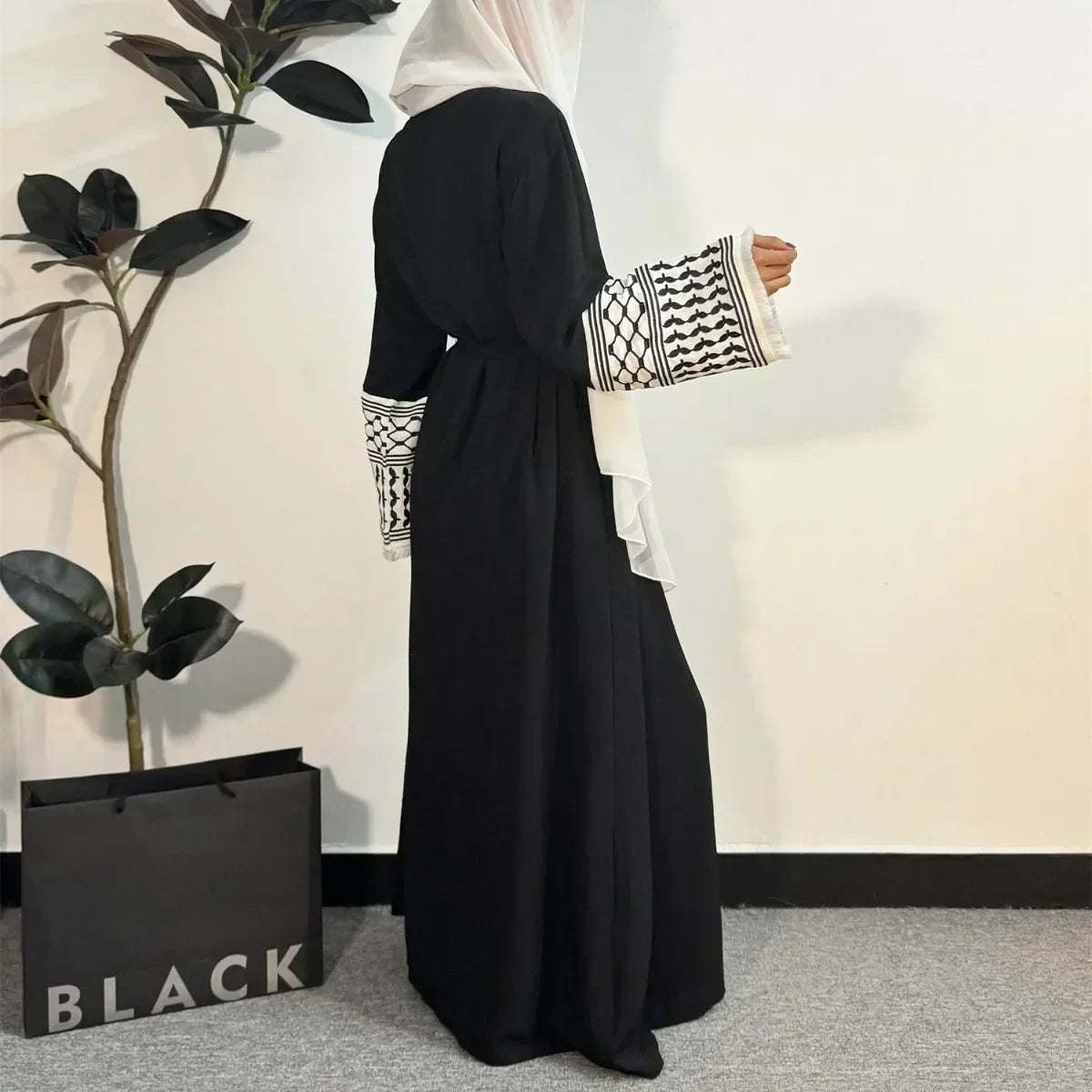 Tassel Embroidery Long Sleeve Open Front Abaya