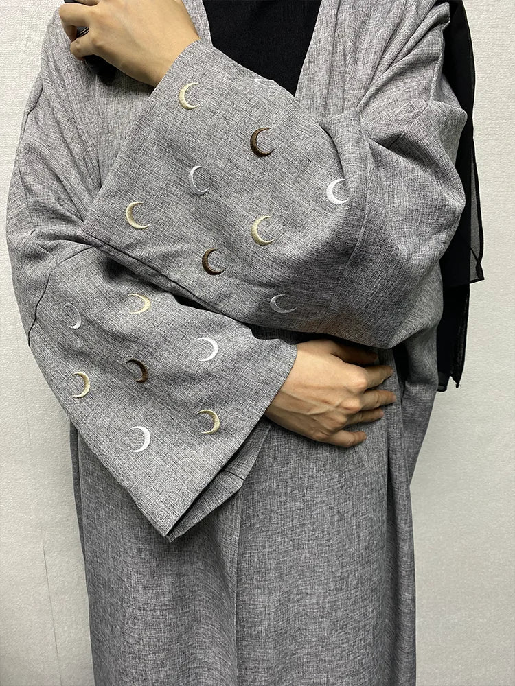 Linen Heart Moon Embroidery Open Abaya