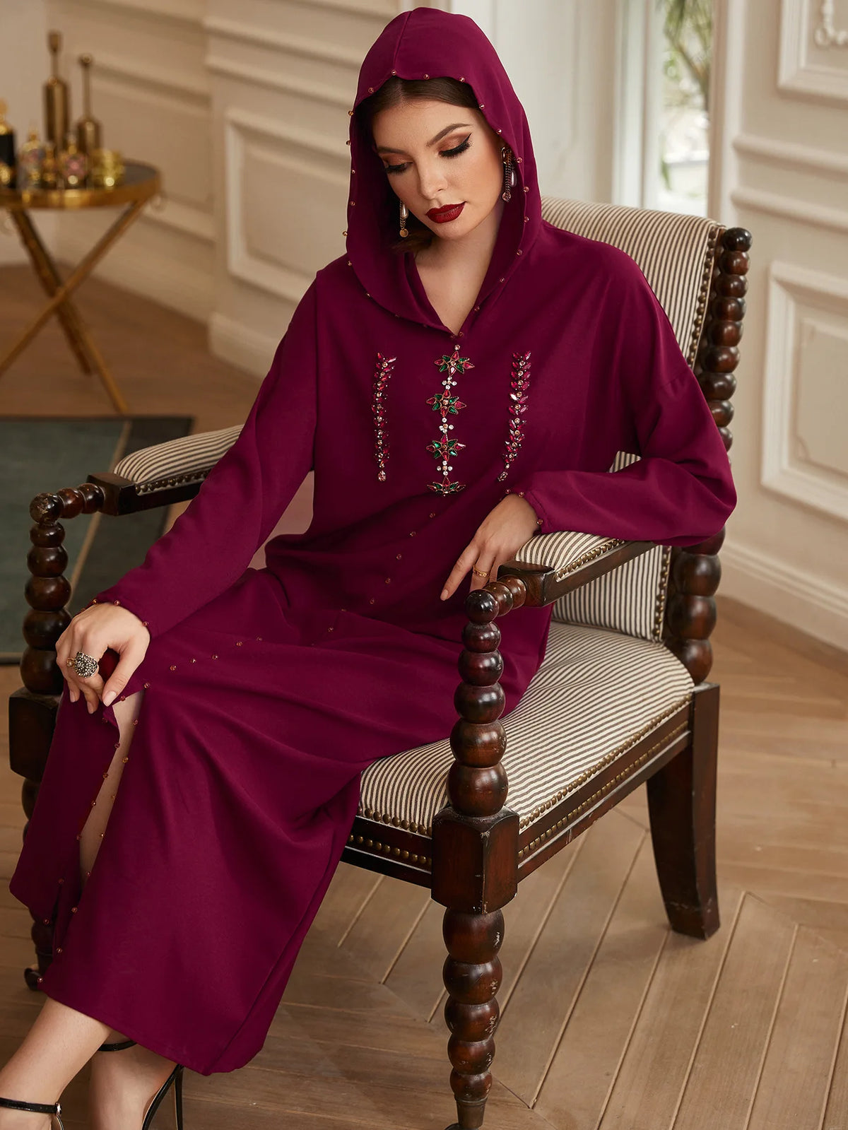 Plus Size Moroccan Jalabya Women Ramadan Islamic V-neck Robe Long Sleeves