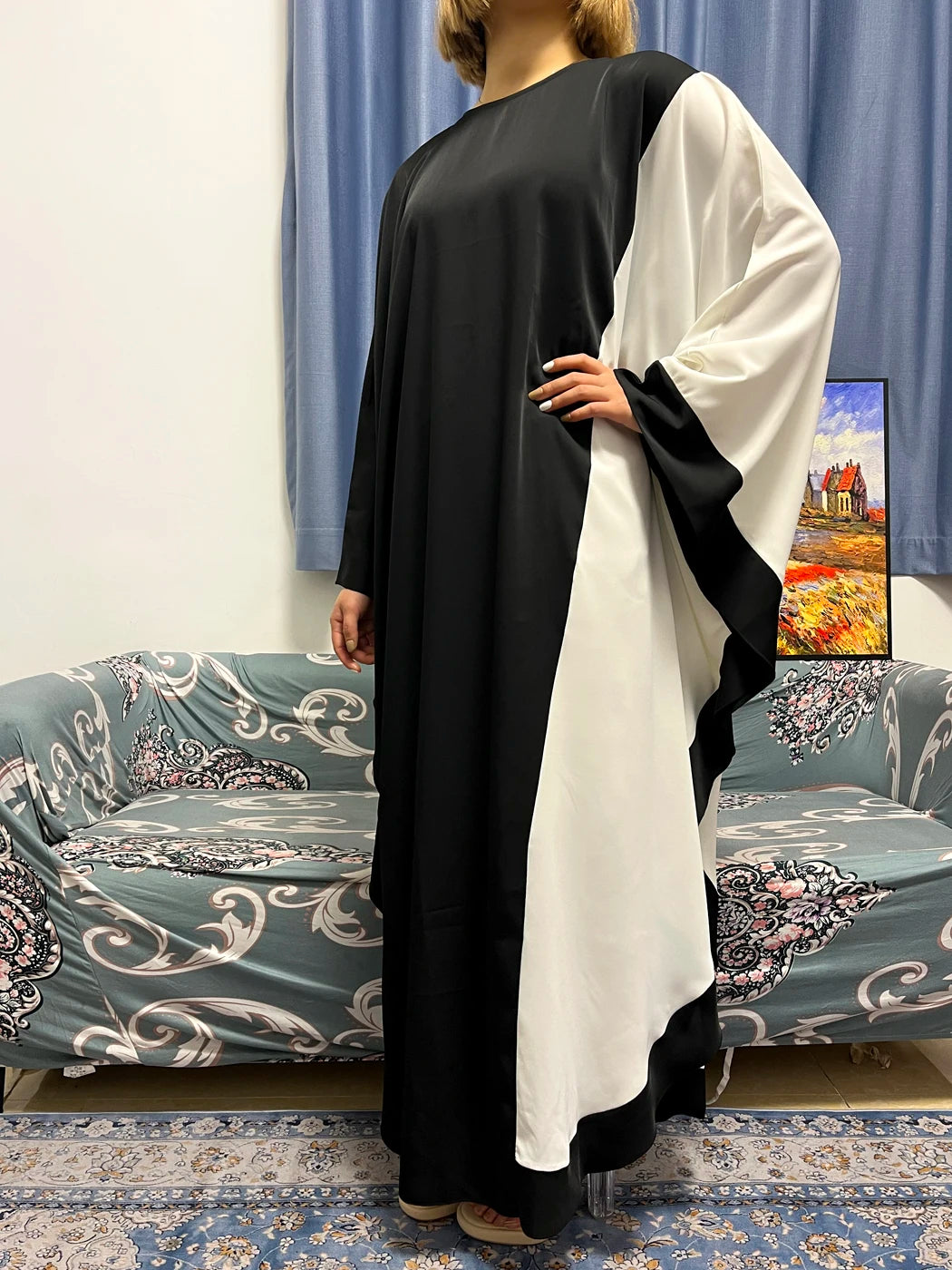 Black White Chiffon Loose Abayas