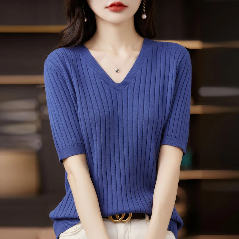 Women's Short Sleeve V-neck Knit Casual Sweater