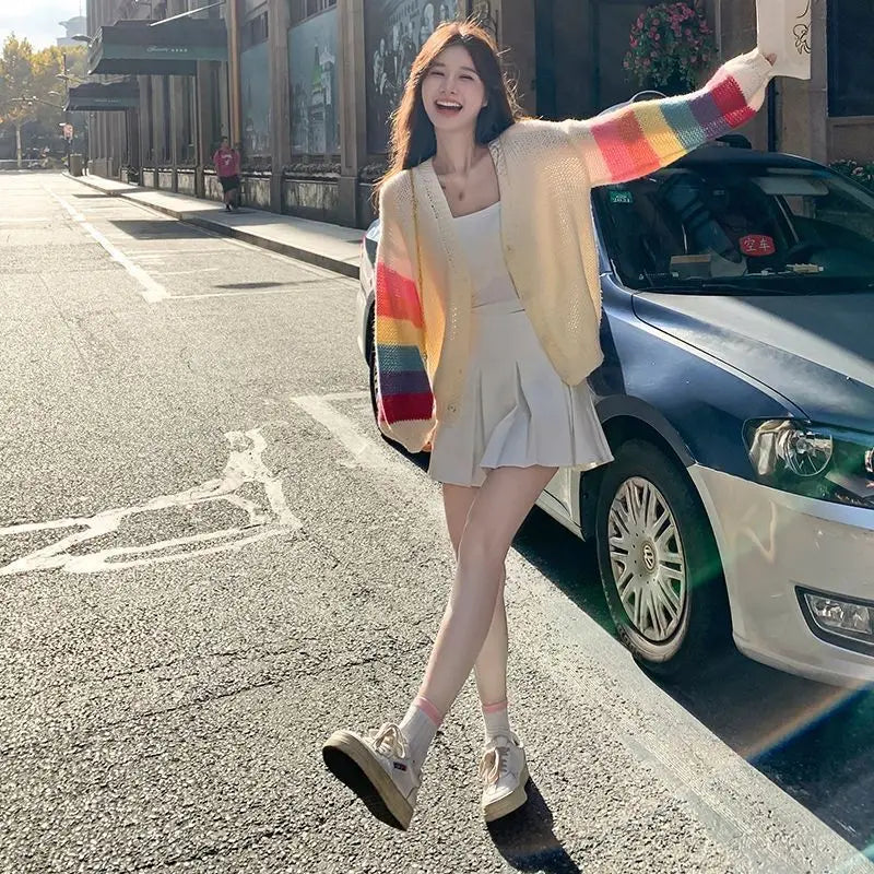 Knitted Cardigan Rainbow Contrasting Sweater