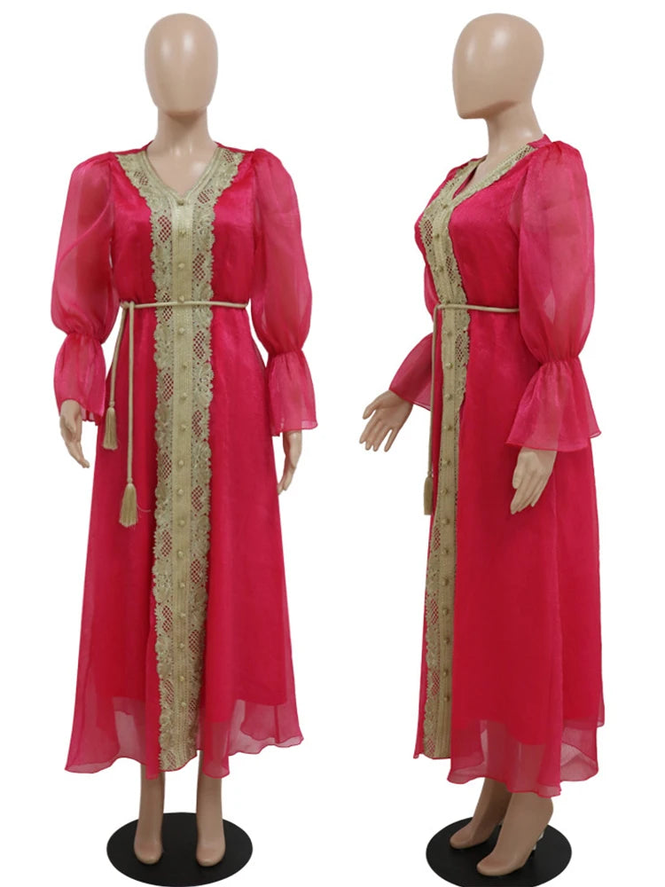 Plus Size Moroccan Kaftan Evening Dress with Embroidery and Lace