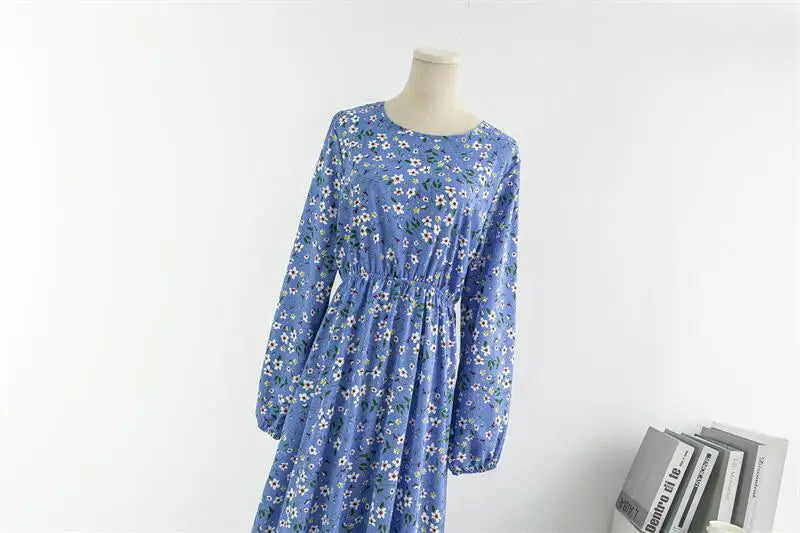 Chiffon Floral Printed Crinkling O-neck Long Sleeve Maxi Dress