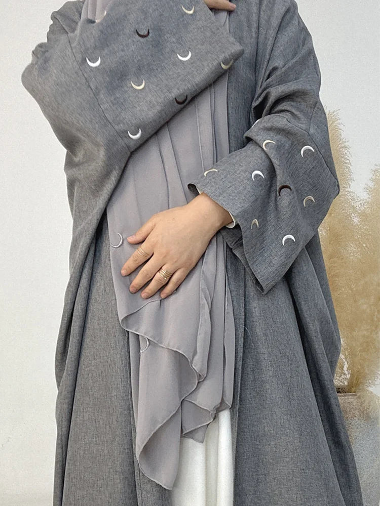 Linen Heart Moon Embroidery Open Abaya