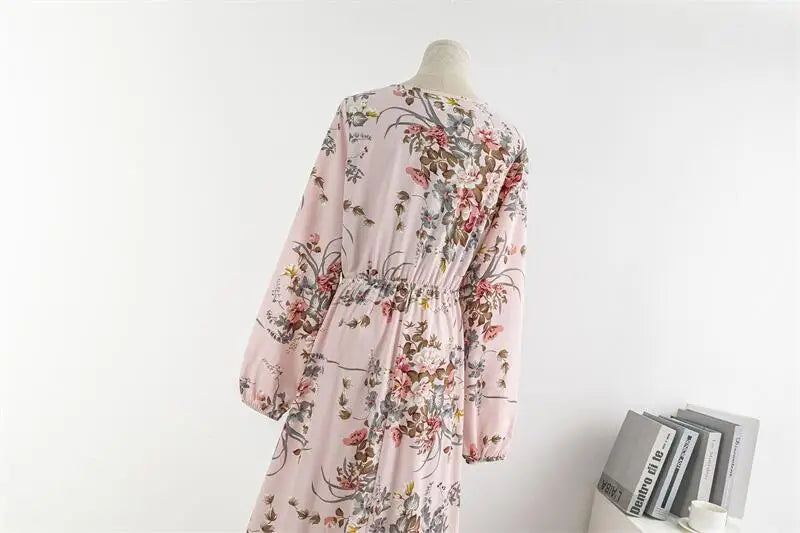 Chiffon Floral Printed Crinkling O-neck Long Sleeve Maxi Dress