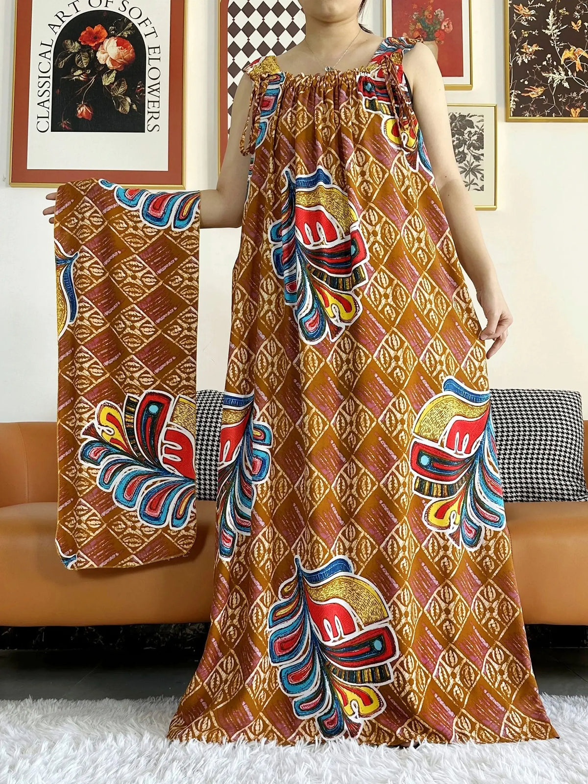 Sleeveless Everyday African Dashiki Cotton Abaya Dress with Scarf