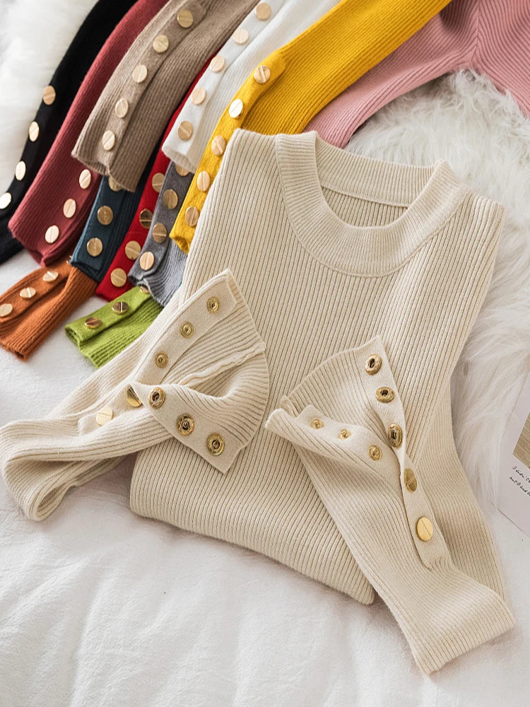 Thick buttoned Long Sleeve o-neck sweater