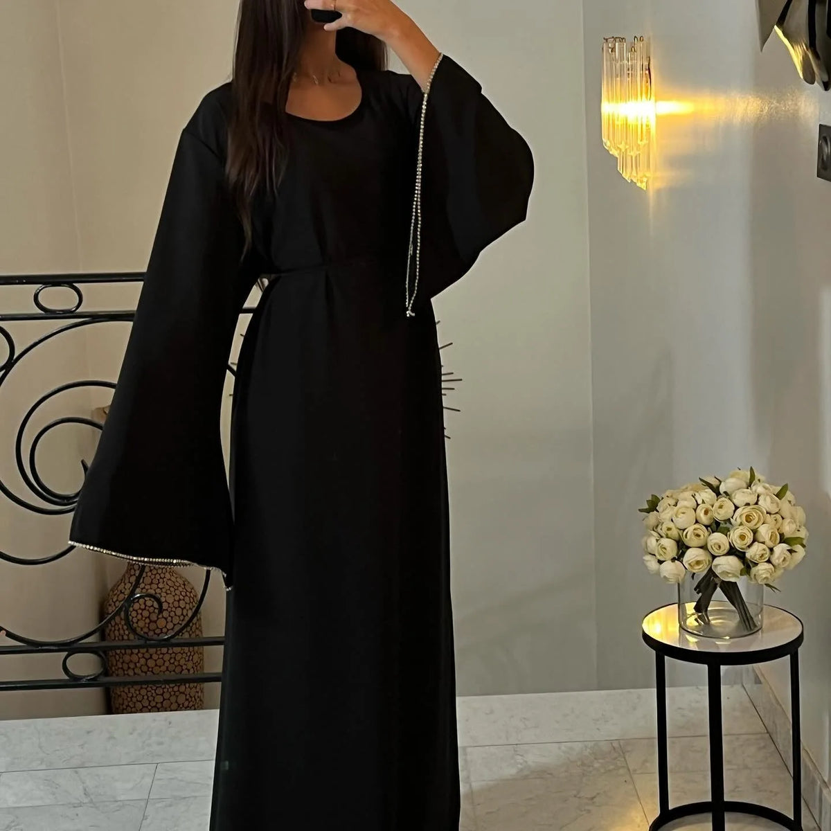 Black Diamonds Embedded Belted Abayas