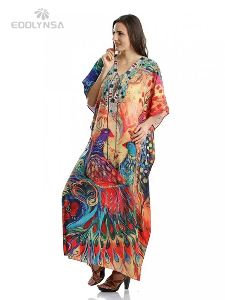 Boho Quick-drying Long Kaftan Burkini Cover-up Plus Size Summer Beachwear