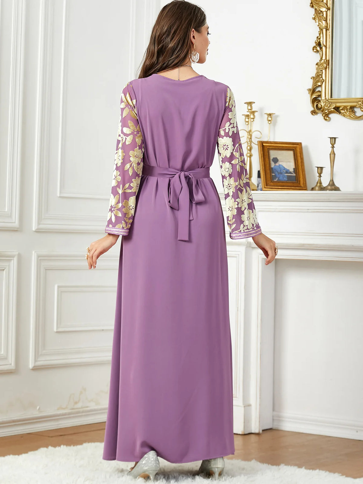 Velvet Long Sleeve V-Neck Belted Dress Jalabiyat Abaya