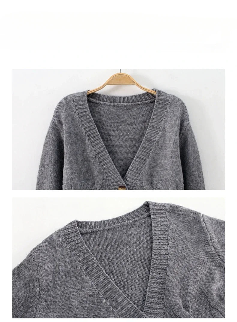 V Neck Cropped Long Sleeve Twist Knitted Sweater