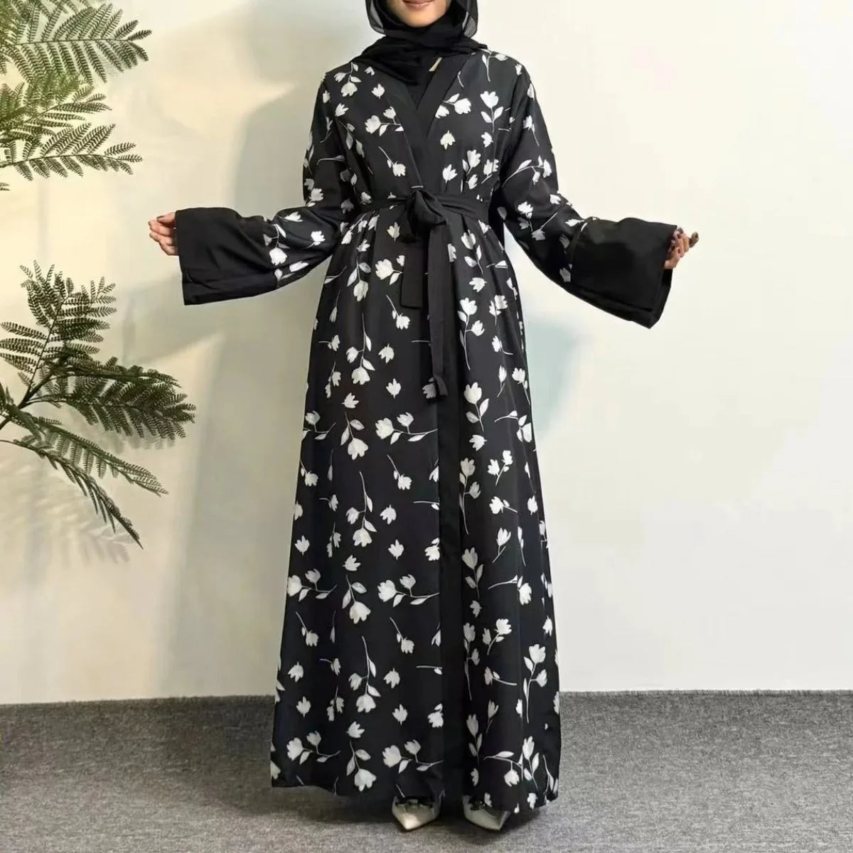 Printed Floral Open Front Abaya With Belt