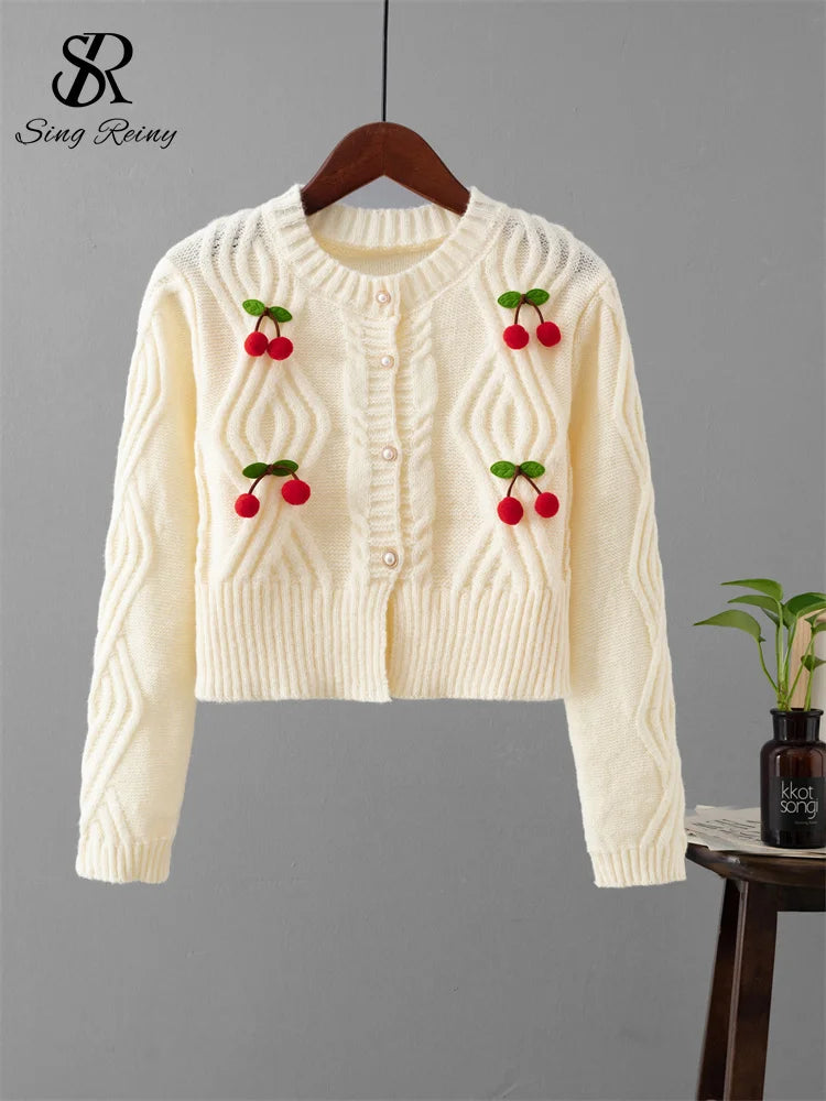 3D Cherry O-Neck Long Sleeves Pearl Button Knitwear Sweater