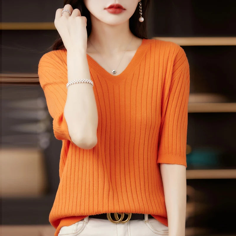 Women's Short Sleeve V-neck Knit Casual Sweater