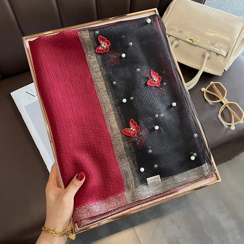 Embroidery Flowers Luxury Silk Hijab Shawl