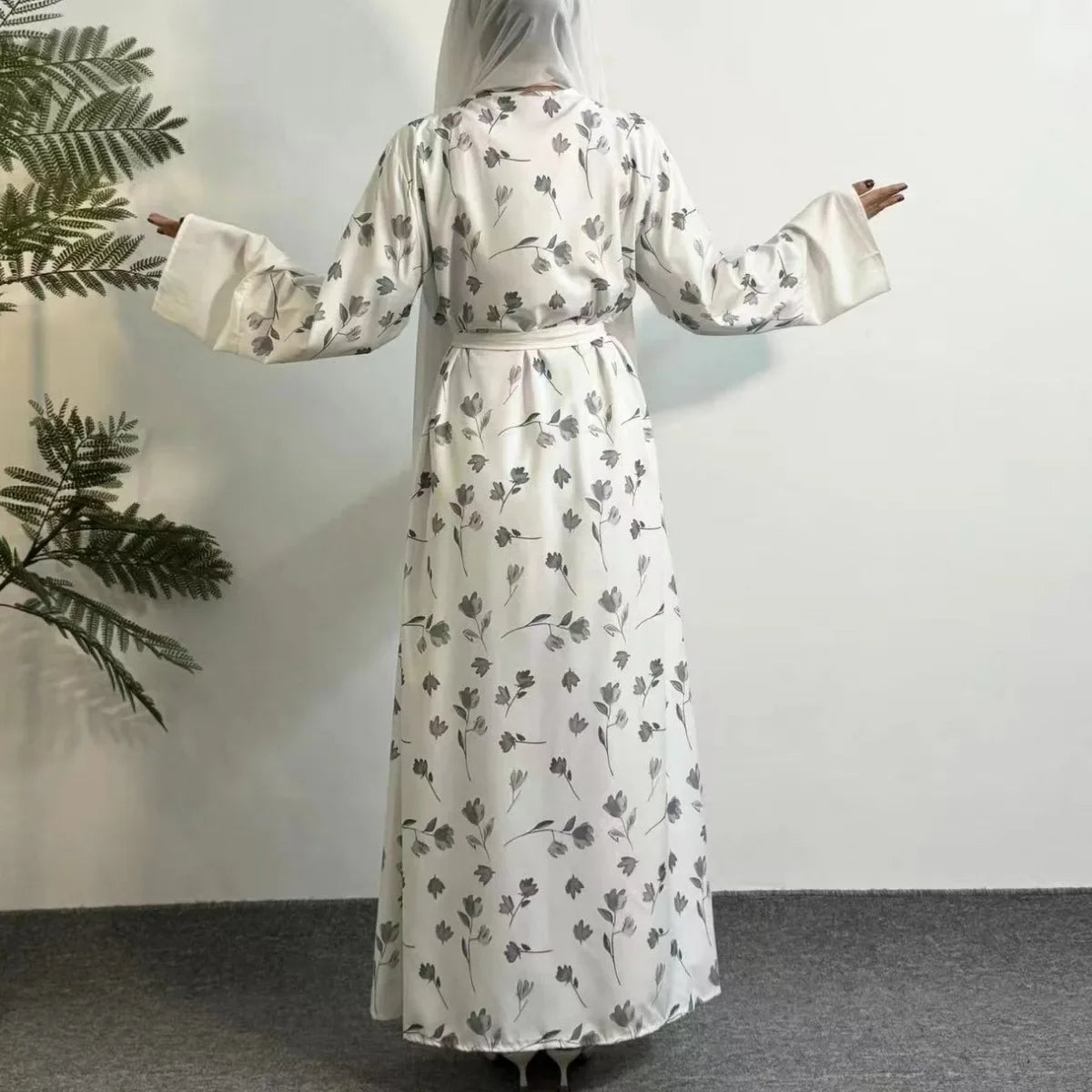 Printed Floral Open Front Abaya With Belt