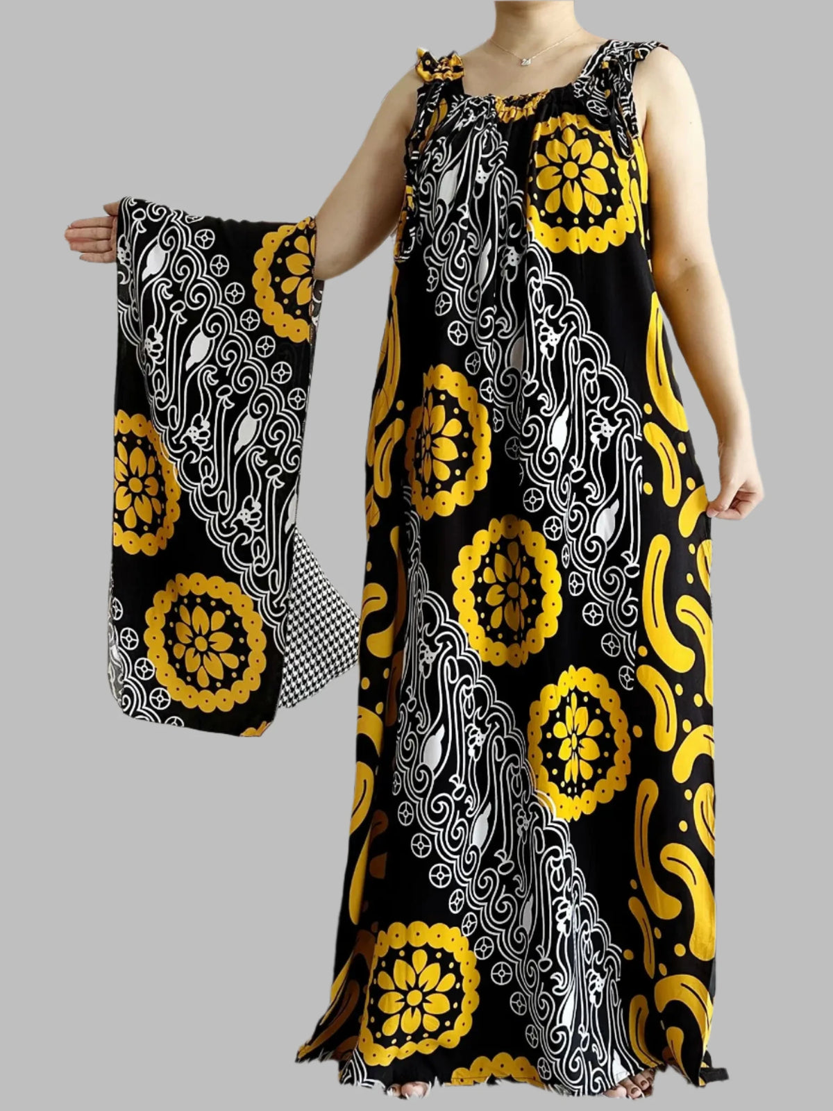 Sleeveless Everyday African Dashiki Cotton Abaya Dress with Scarf