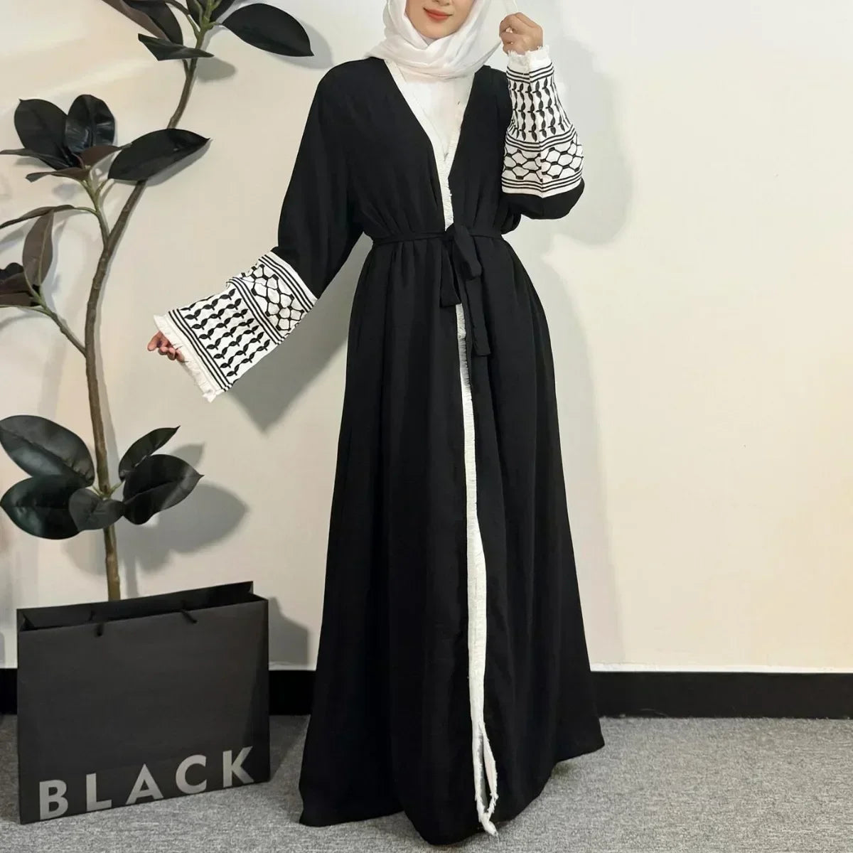 Tassel Embroidery Long Sleeve Open Front Abaya