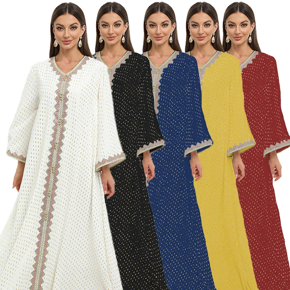 White Satin Striped Elegant V Neck Golden Tape Abaya