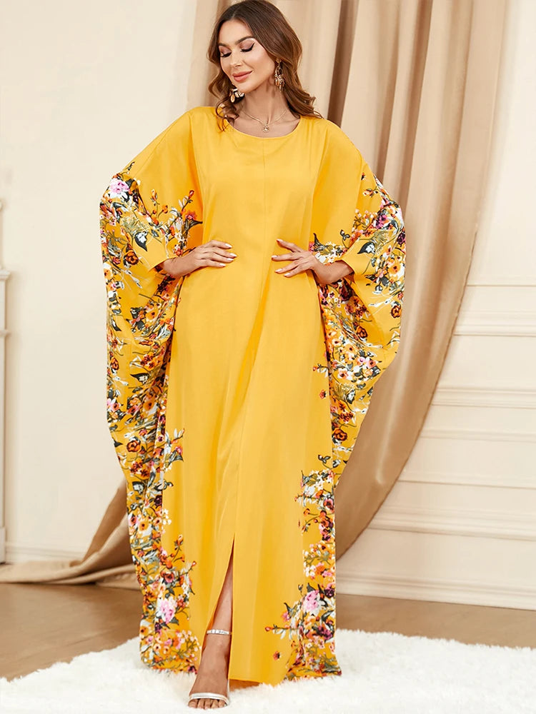 Yellow Robe Bat Sleeves Dubai Muslim Caftan Dress for Eid