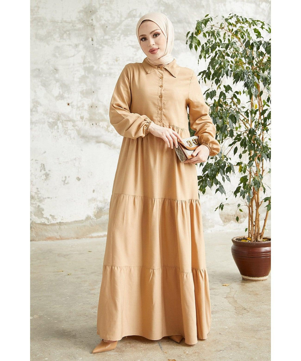 Modest Long Collar Tiered Abaya Eid Dress for Women