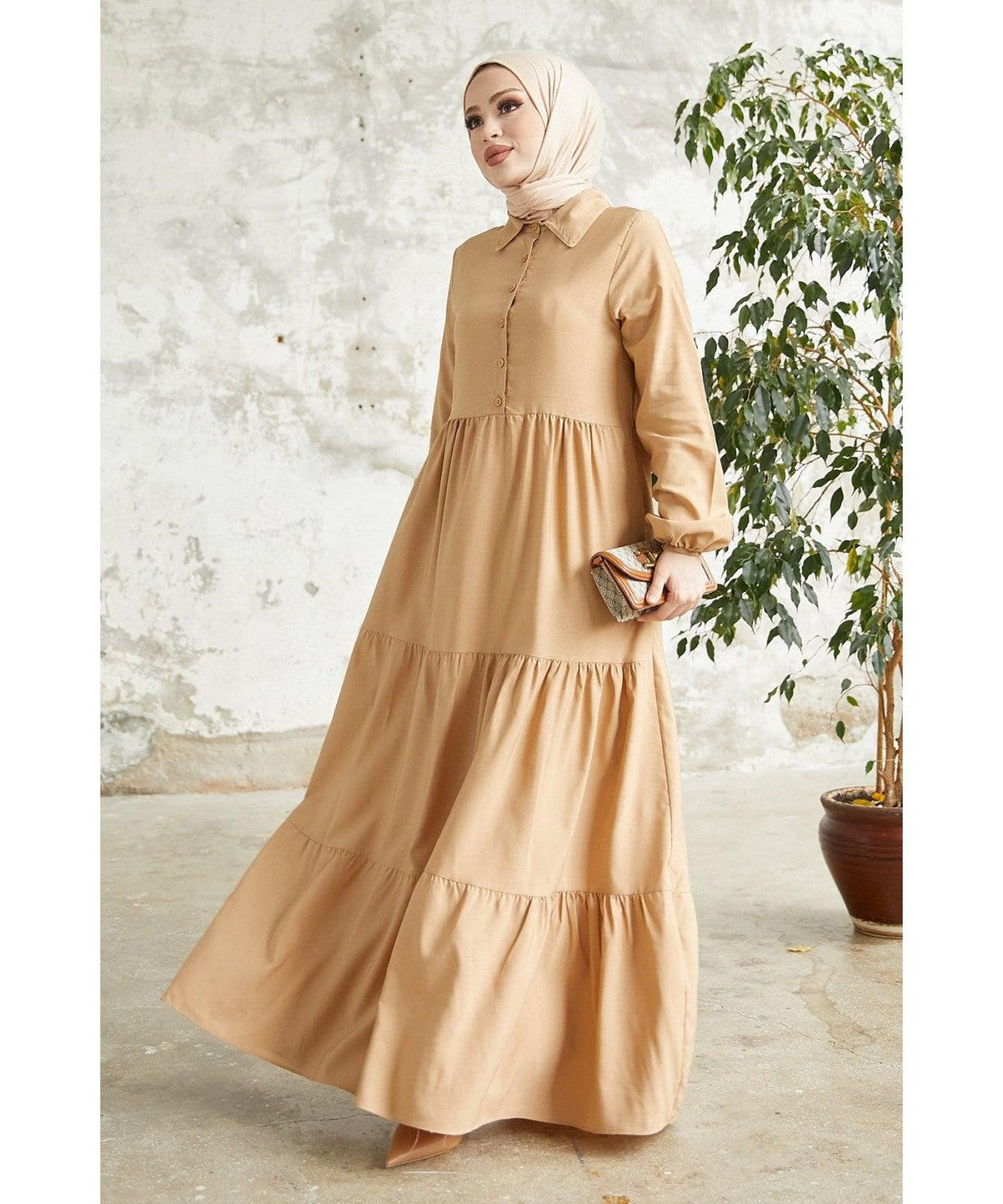 Modest Long Collar Tiered Abaya Eid Dress for Women