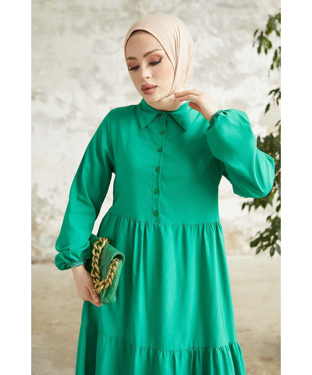 Modest Long Collar Dress for Women - Green