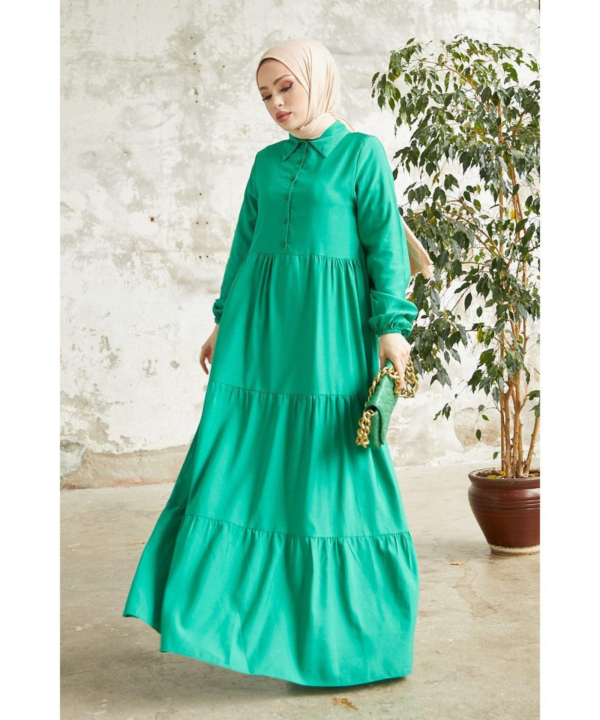 Modest Long Collar Dress for Women - Green