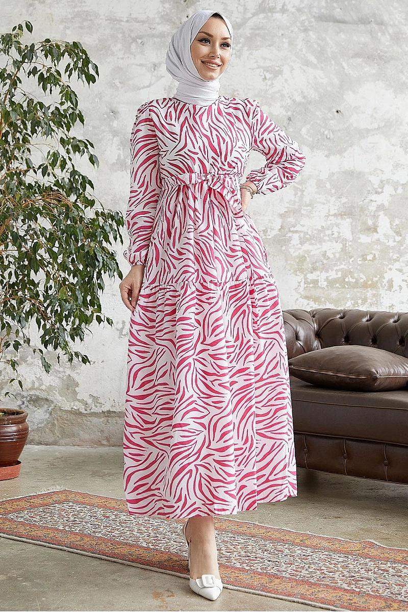 Stripe Patterned Dubai Abaya Dress- Fuchsia Pink