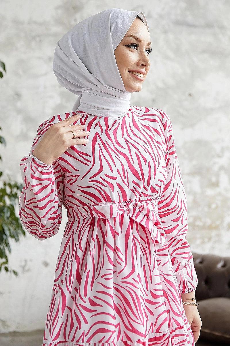 Stripe Patterned Dubai Abaya Dress- Fuchsia Pink