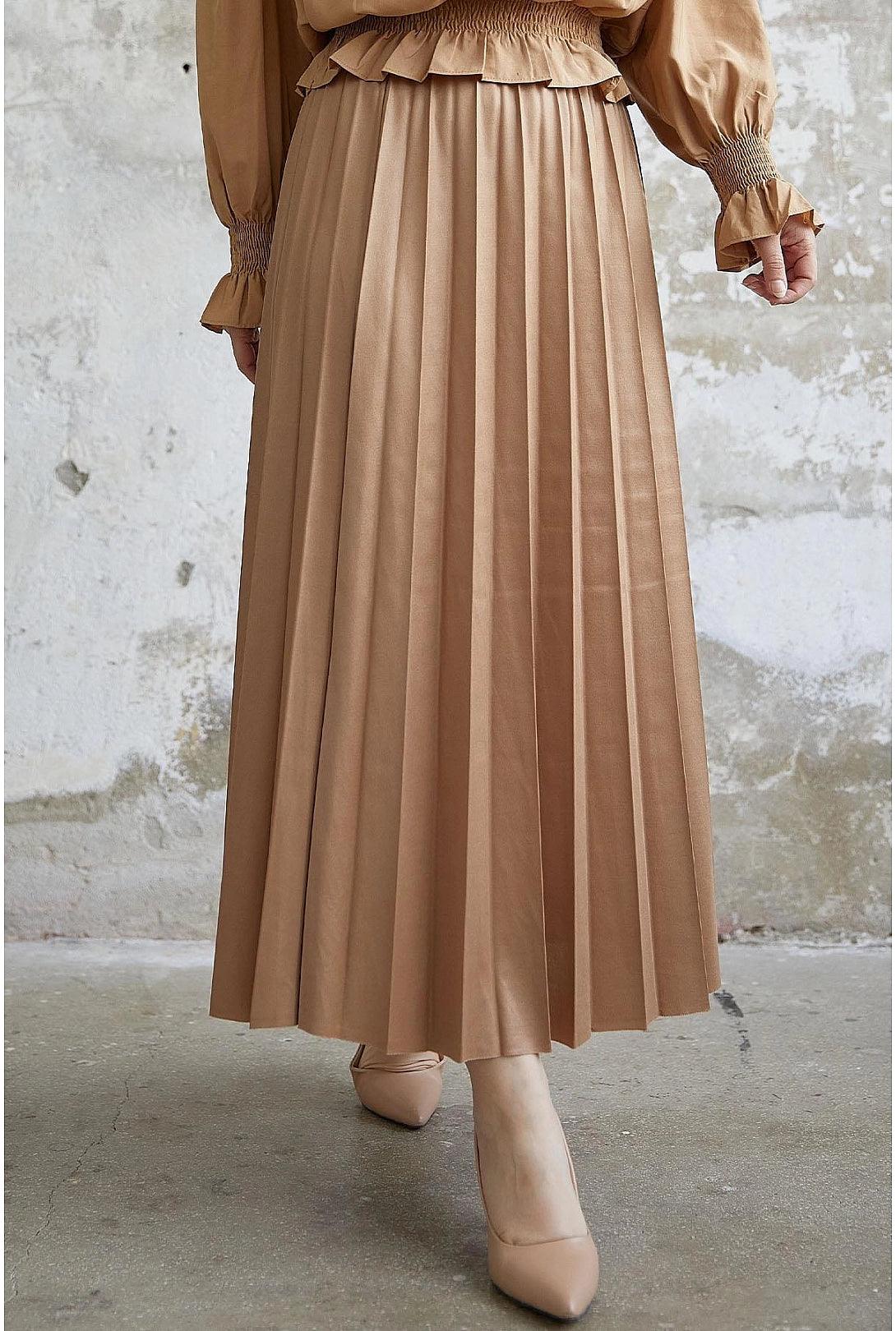 Leather Look Womens Long Maxi Skirt - Dark Beige