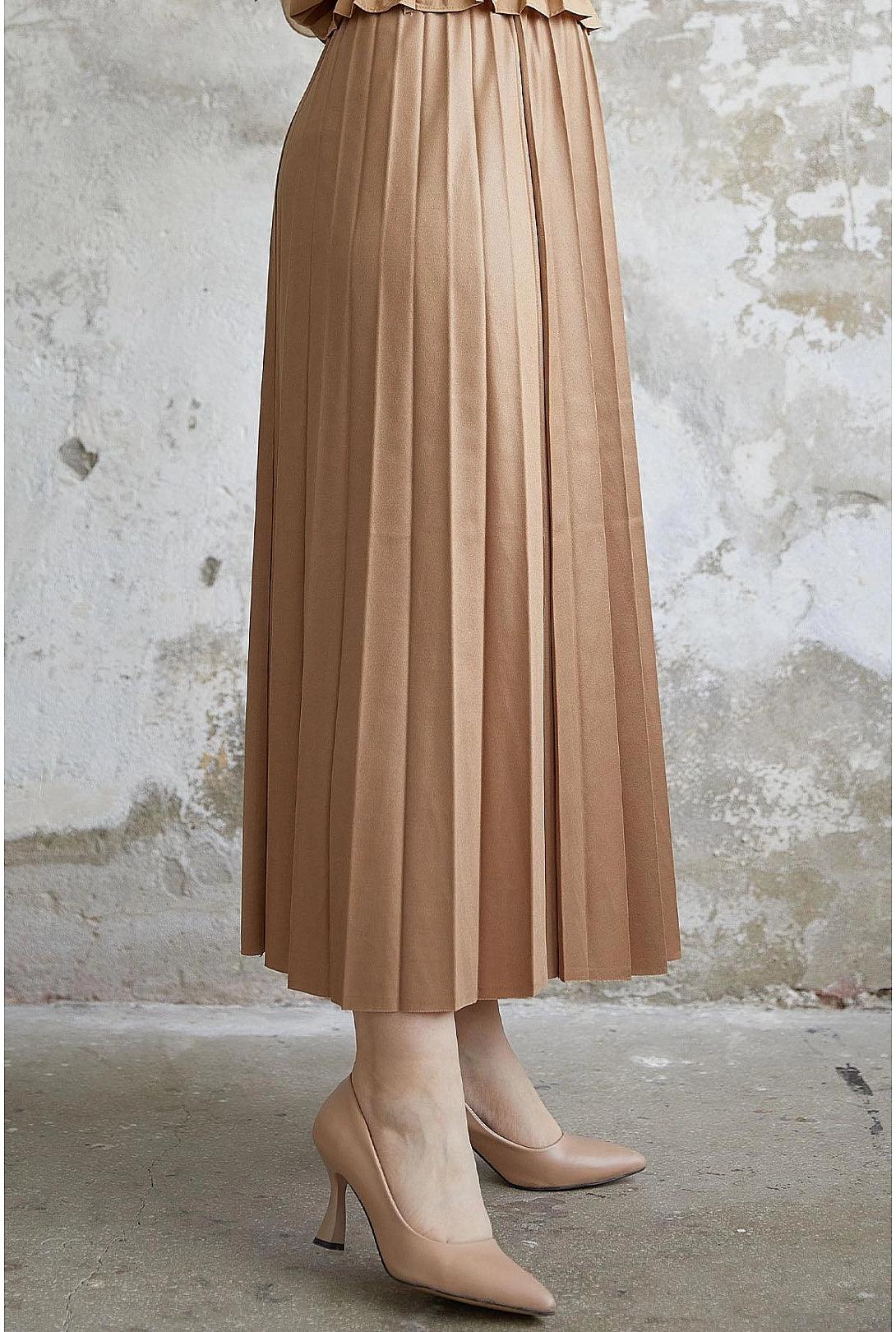 Leather Look Womens Long Maxi Skirt - Dark Beige