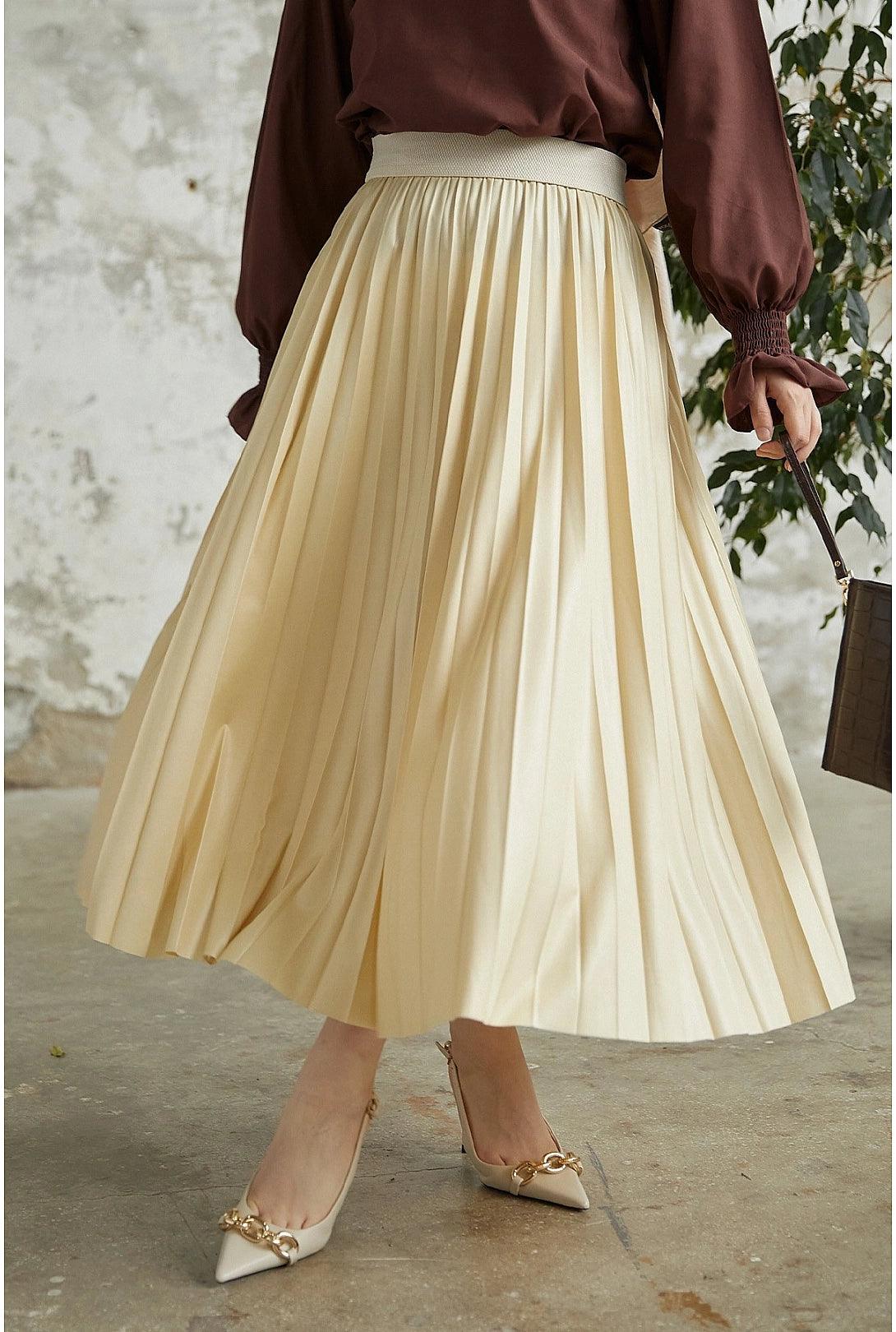 Leather Look Long Maxi Skirt for Women - Creamy Beige
