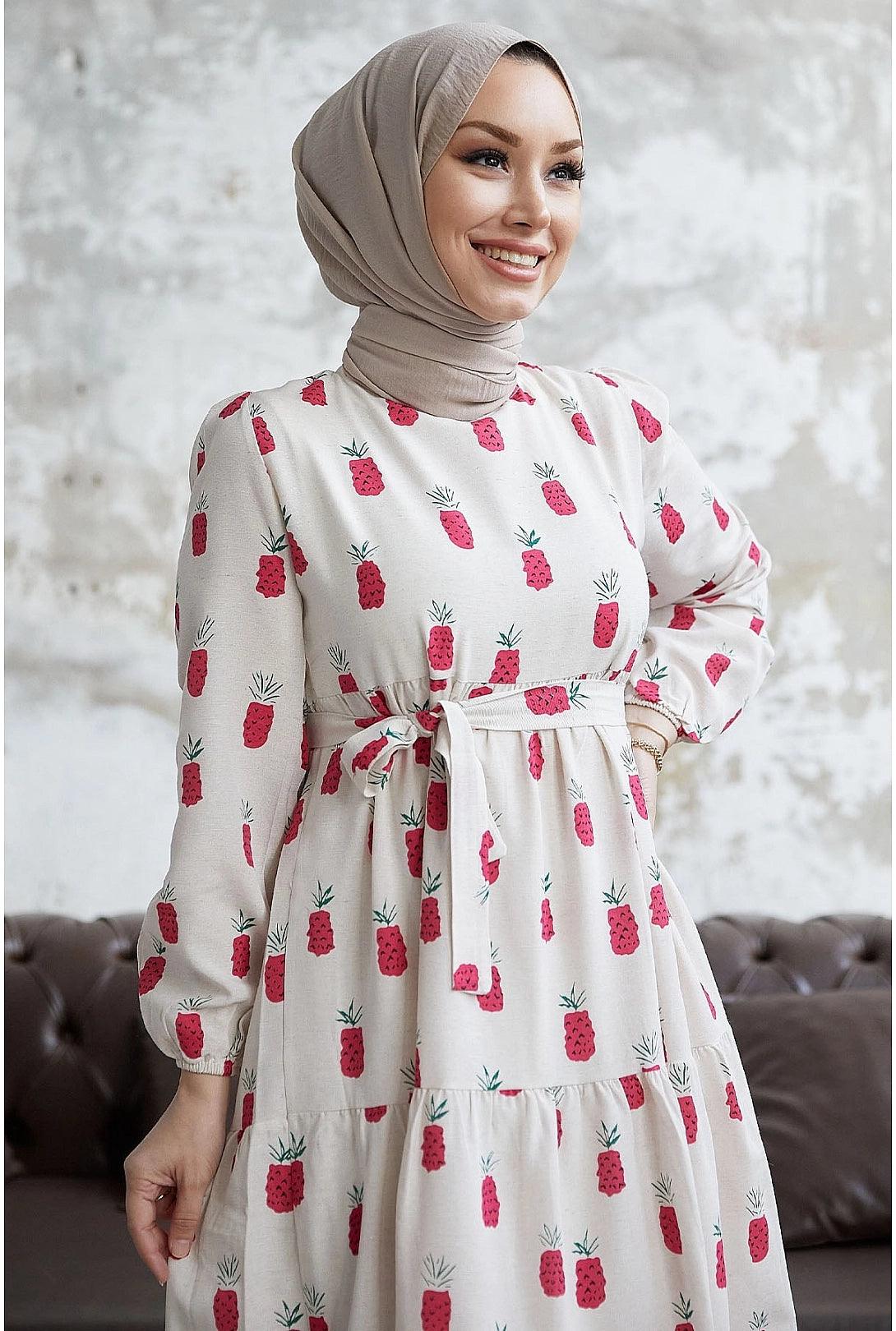 Pineapple Pattern Long Abaya Dress for Eid Muslim Women