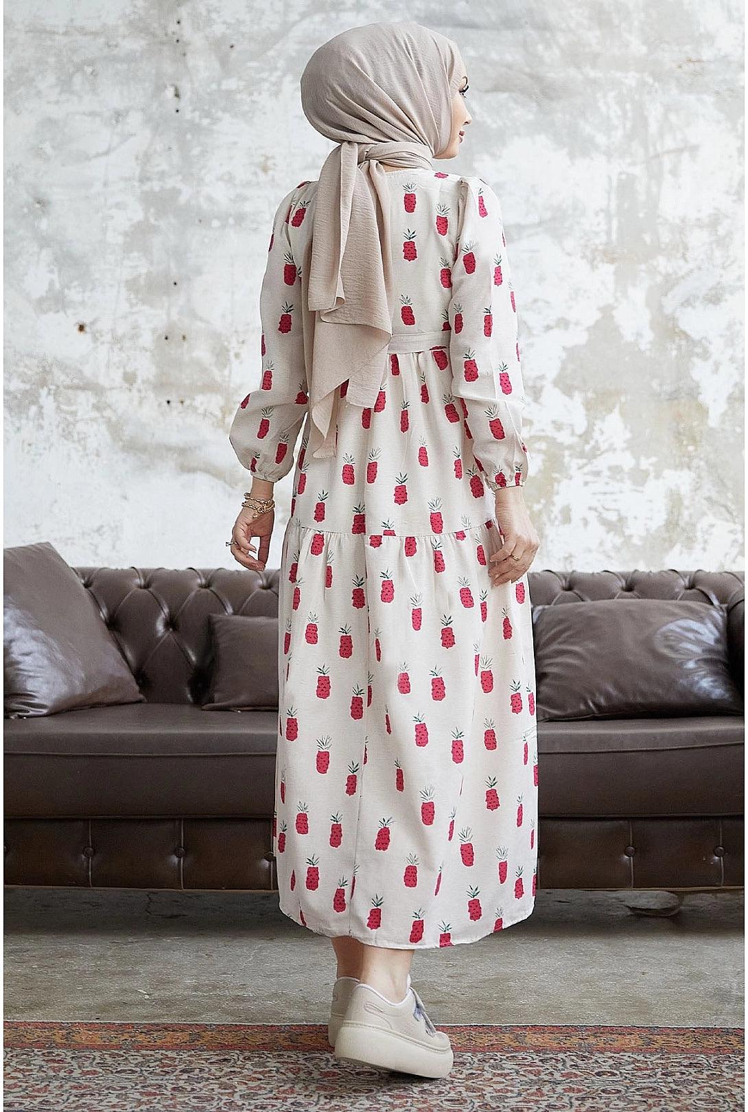 Pineapple Pattern Long Abaya Dress for Eid Muslim Women