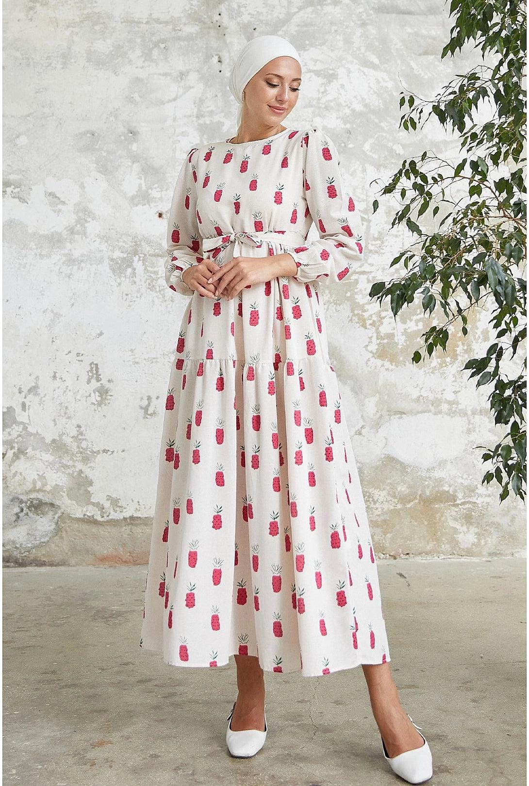 Pineapple Pattern Long Abaya Dress for Eid Muslim Women