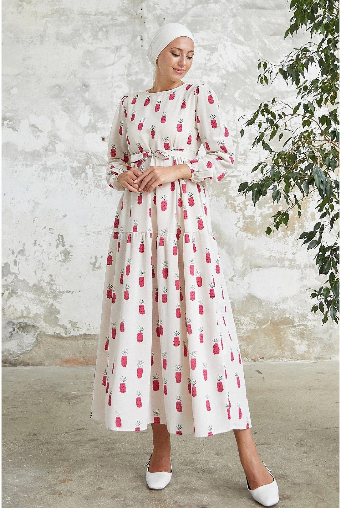 Fuchsia Pink Pineapple Pattern Turkish Abaya Dress