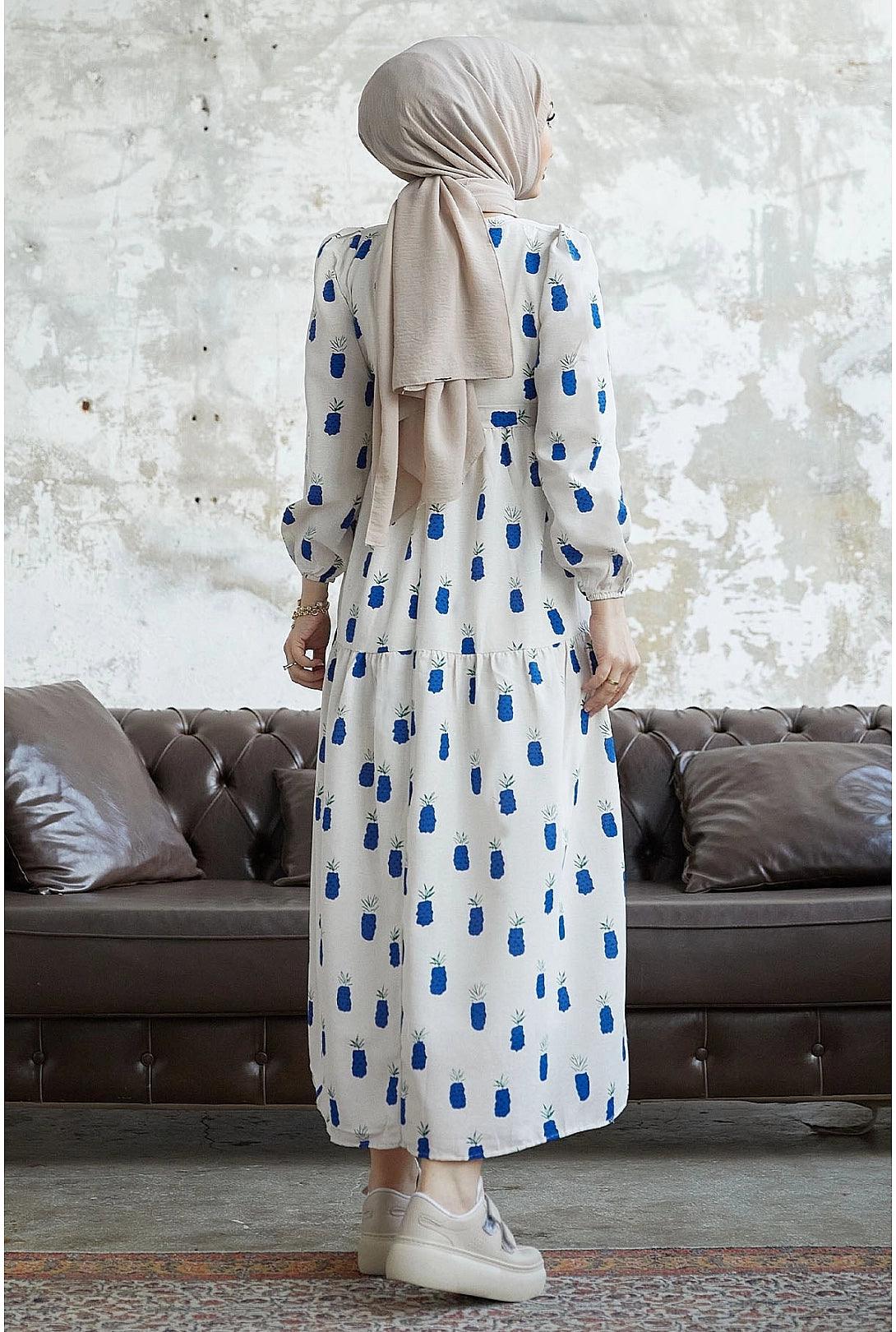 Navy Blue Pineapple Pattern Long Abaya Dress