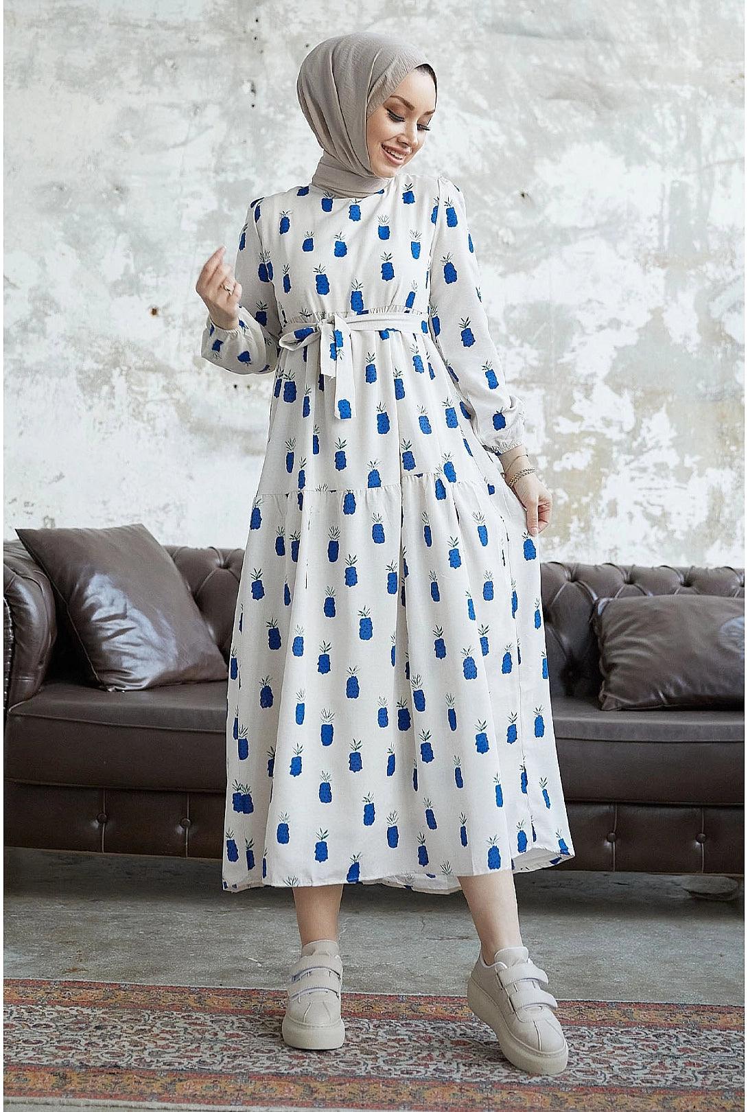Navy Blue Pineapple Pattern Long Abaya Dress