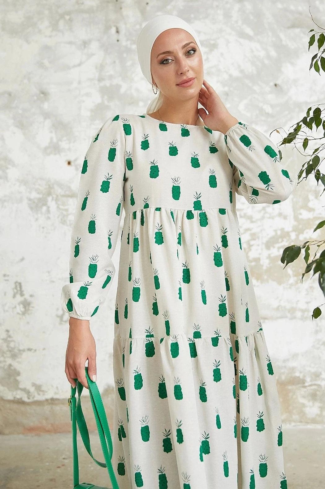 Green Pineapple Pattern Modest Abaya Dress